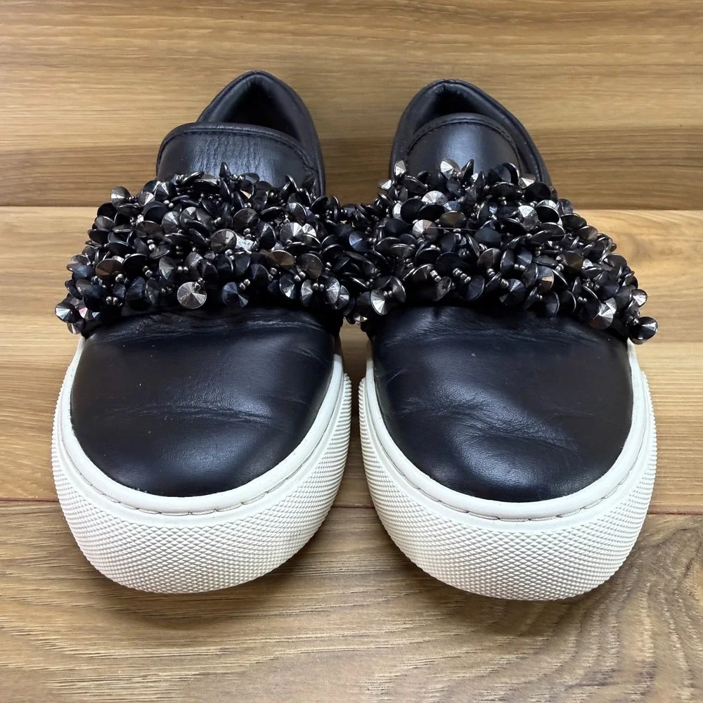Tory Burch Logan Embellished Slip On 5 M Black Leather Beaded Pewter Casual Walk